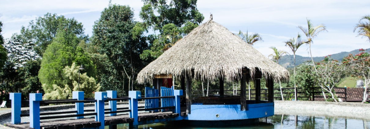 Kiosco junto a piscina con baranda azul en Sportí