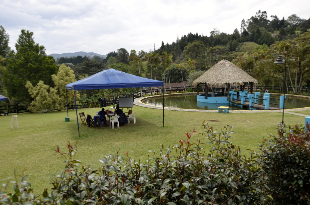 Zona verde con carpa azul y kiosco en Sportí